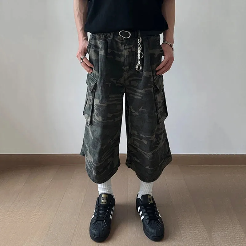 American Style Men's Denim Shorts Large Pocket Camouflage Workwear Trousers Straight Leg Casual Male Jeans 9C6708