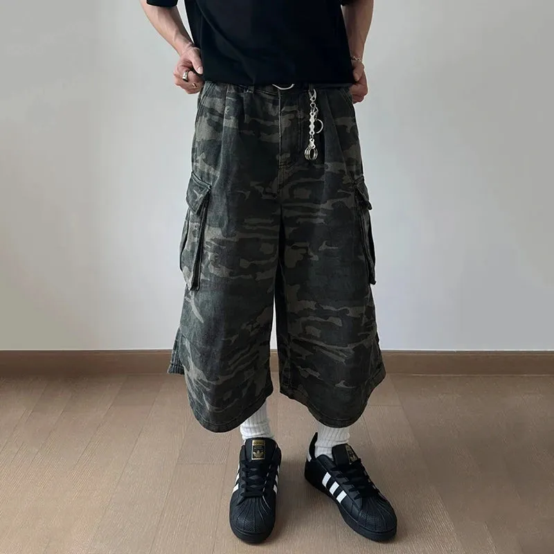 American Style Men's Denim Shorts Large Pocket Camouflage Workwear Trousers Straight Leg Casual Male Jeans 9C6708