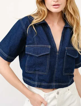 Blaire Cropped Denim Pocket Top