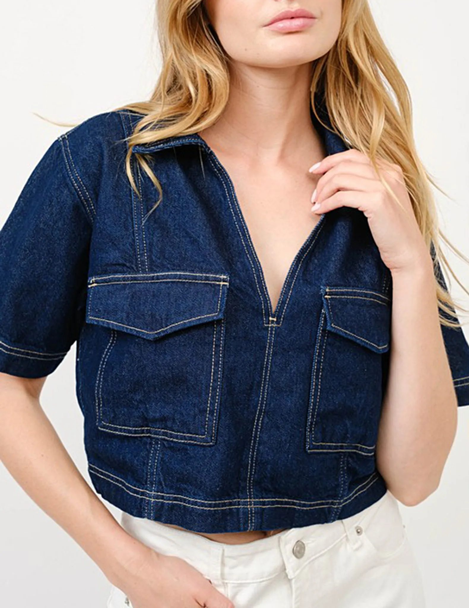 Blaire Cropped Denim Pocket Top