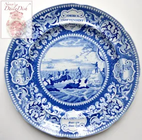 c1825 Historical Staffordshire Enoch Wood & Sons Blue Transferware Plate American Independence, Pilgrims, Washington, Boxer v Enterprise