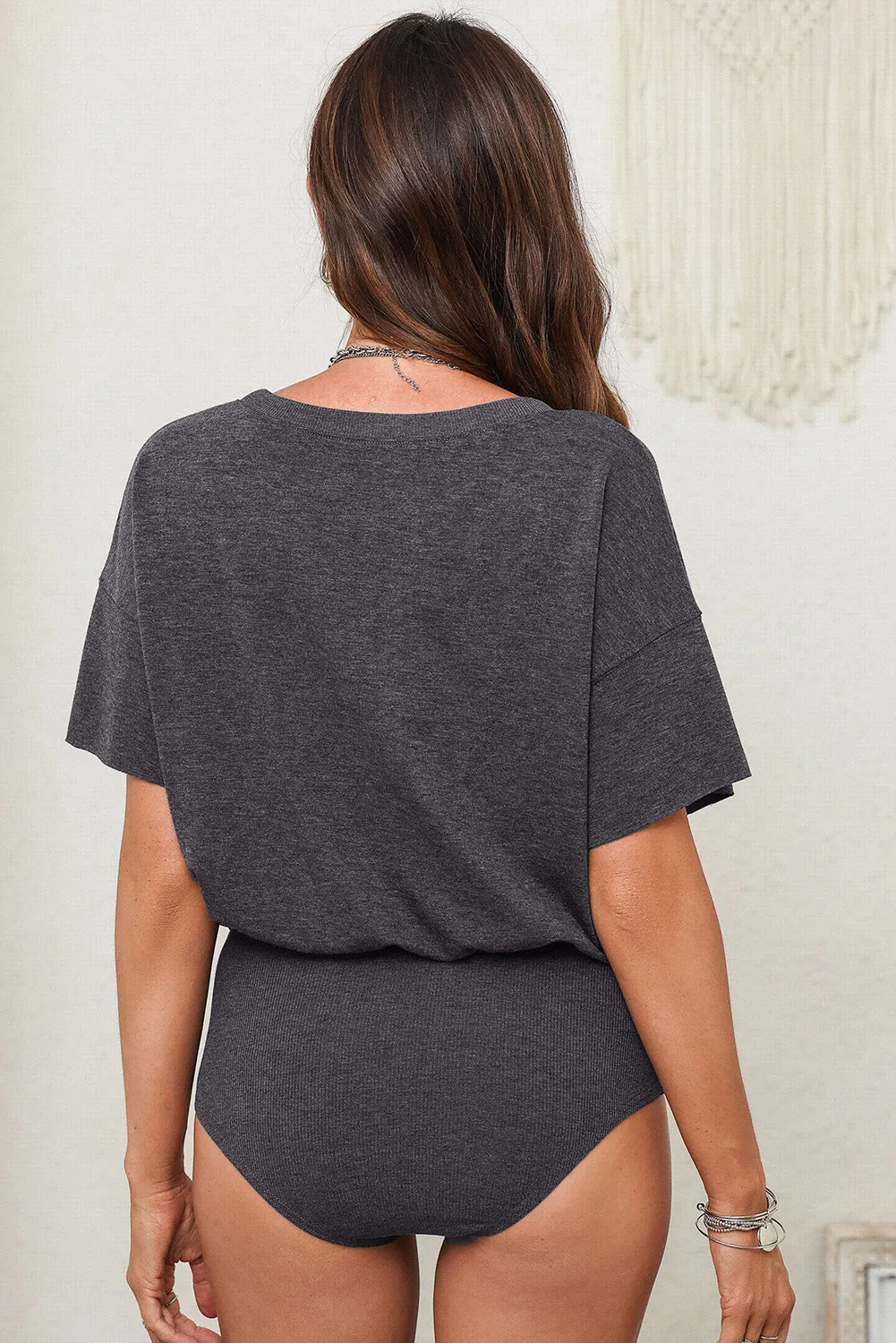 Dark Gray Drop Shoulder Sleeve Oversize Bodysuit