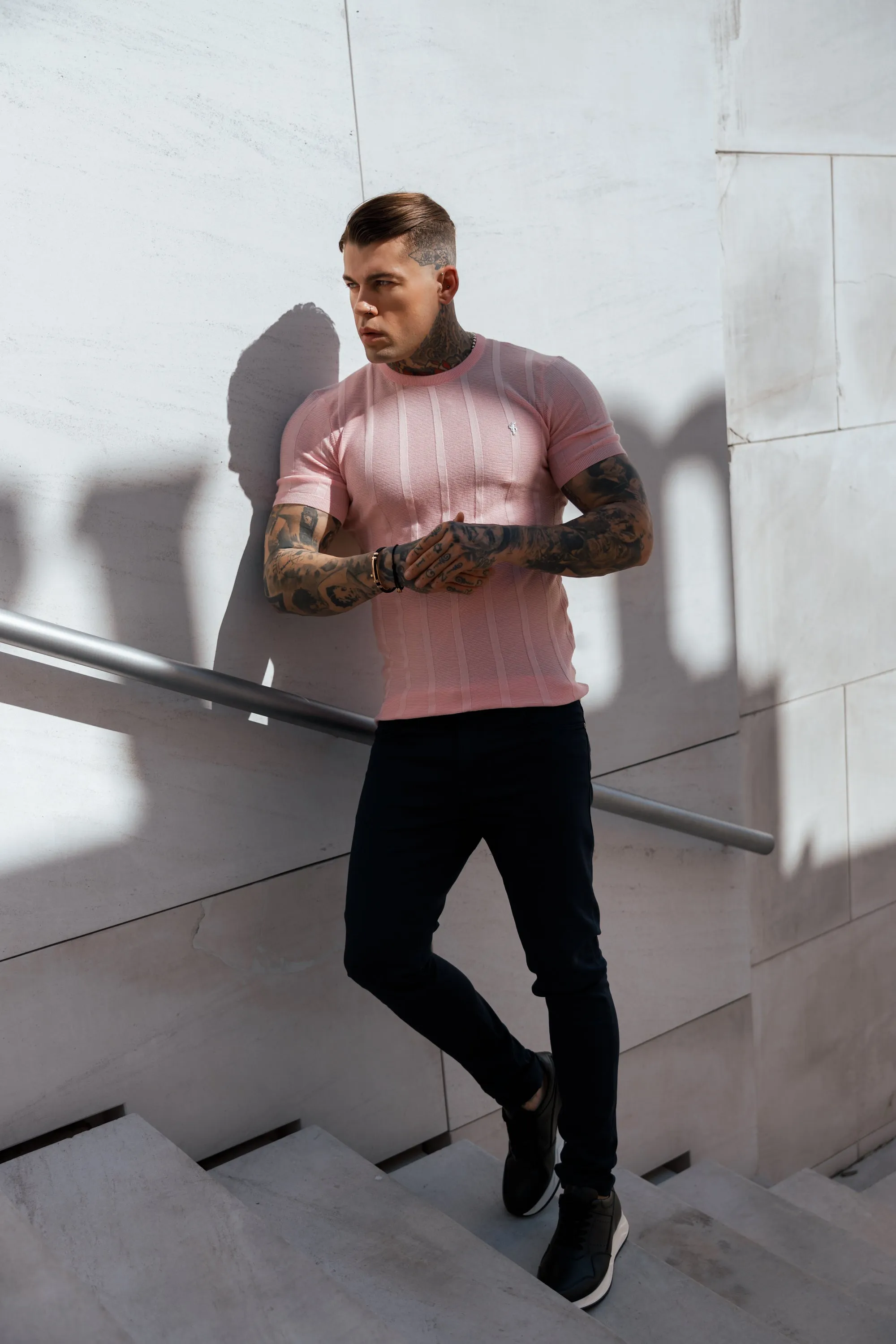 Father Sons Classic Short Sleeve Baby Pink Knitted Wide Rib Crew with Silver Emblem - FSH737