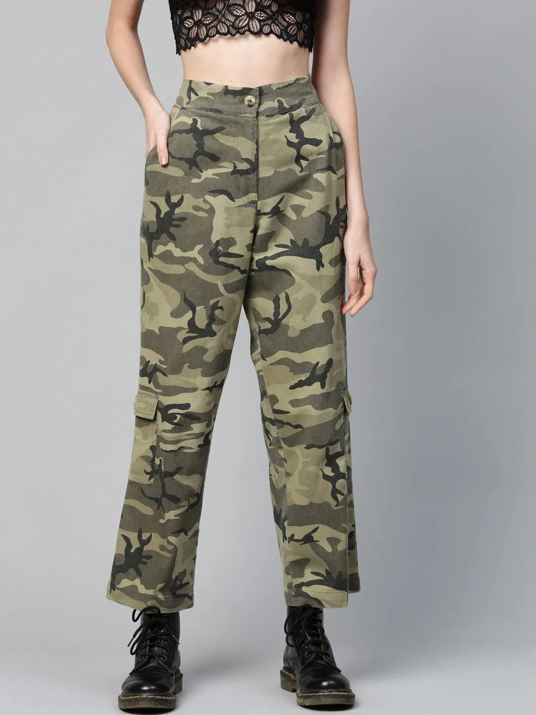 Green Camouflage Twill Side Pocket Pants