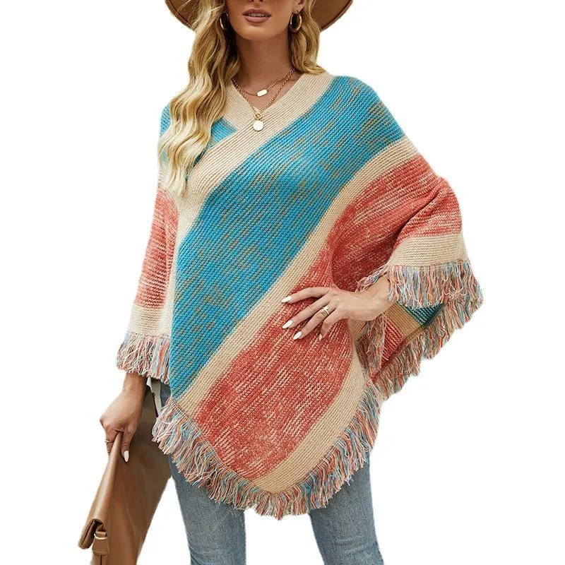 Striking color striped knitted cape fringed shawl