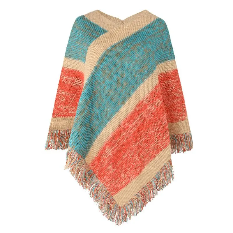 Striking color striped knitted cape fringed shawl